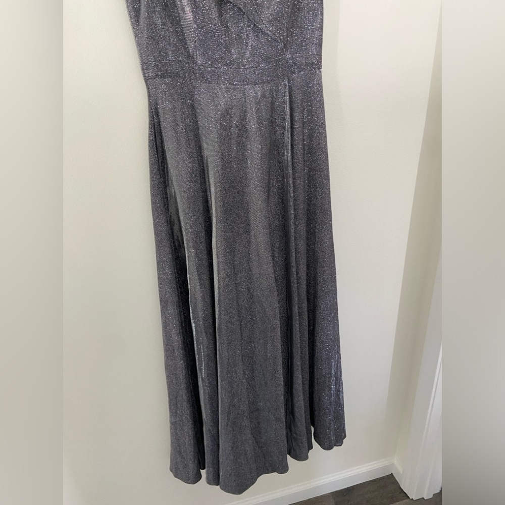 Xscape Off‎ the Shoulder V-Neck Silver Sprakly Fit and Flare Gown Dress - Picture 5 of 9
